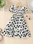 Toddler Girls Puff Sleeve Frill Trim Shirred Heart Graphic Ruffled Hem Princess Dress For Party Beach Vacation Kids Summer Cloth