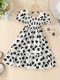 Toddler Girls Puff Sleeve Frill Trim Shirred Heart Graphic Ruffled Hem Princess Dress For Party Beach Vacation Kids Summer Clothes