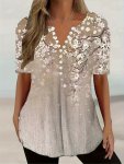 Floral Print Notched Neck T-Shirt Casual Short Sleeve Fitted Top Women's Clothing