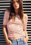 Off-the-shoulder Jersey Top - White red Striped