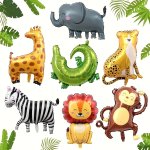 7PCS Safari Animal Balloon Set - Giant Foil Zebra Elephant Monkey Lion Giraffe & Leopard Shapes For Wildlife Themed Birthday Par