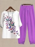 Plus Size Butterfly Print Two-piece Set Casual Crew Neck Short Sleeve Top & Pants Outfits Women's Plus Size Clothing