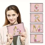 Floral Initial Canvas Makeup Bag - Preppy Style Polyester Cosmetic Pouch With Zipper For Bridesmaid Wedding Party Portable Trave
