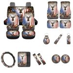 Widea 17 Pcs Car Accessories Set American Flag Deer Print Car Seat Covers Full Set Steering Wheel Cover Seat Belt Pads Armrest W