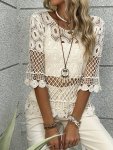 Hollow Out Crochet Pullover Top Versatile Crew Neck Half Sleeve Top For Spring & Summer Women's Clothing