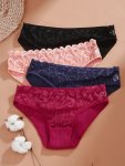 4PCS Contrast Lace Ribbed Briefs Comfy & Breathable Stretchy Intimates Panties Women's Lingerie & Underwear