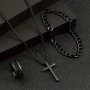 Men's 3-PIECE Stainless Steel Jewelry Set - Hip Hop Style Non-plated Cross Pendant Necklace Cuban Chain Spinner Ring