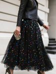 Plus Size Sequin Decor Mesh Skirt Casual High Waist Pleated Midi Skirt Women's Plus Size Clothing
