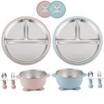 Pandaear 8PCS Baby Feeding Set Stainless Steel Suction Plates And Bowls With Silicone Fork And Spoon Utensils Baby LED Weaning T