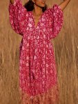 Plants Print Loose Boho Dress Vacation Short Sleeve Tie V-neck Dress Women's Clothing