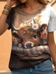 Cow Print Crew Neck T-Shirt Casual Short Sleeve T-Shirt For Spring & Summer Women's Clothing