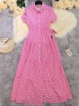 Striped Button Front Shirt Dress Vacation Style Short Sleeve Tie Waist Maxi Dress For Spring & Summer Women's Clothing