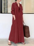 Solid Color Single Breasted Simple Dress Elegant Long Sleeve Maxi Loose Dress For Spring & Fall Women's Clothing