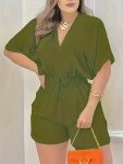 Solid V Neck Romper Elegant Short Sleeve Shirred Waist Jumpsuit For Spring & Summer Women's Clothing