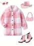 Girls Stylish & Warm & Comfy Long Sleeve Button Up Plaid Pattern Plush Coat For Winter Outdoors