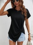 Solid Twist Front T-Shirt Elegant Short Sleeve Crew Neck Top For Spring & Summer Women's Clothing