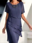 Layered Trim Crew Neck Dress Elegant Short Sleeve Dress For Spring & Summer Women's Clothing