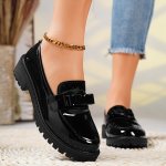 Women's Solid Color Stylish Loafers Soft Sole Platform Slip On Bowknot Decor Travel Shoes Preppy Round Toe Chunky Heels