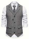 Men's Retro Herringbone Pattern Vest Chic Lapel Single Breasted Dress Waistcoat For Business Banquet