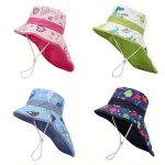 1PC Animal Cartoon Print Children's Uv Protection Sun Hat With Neck Cover And Chin Strap For Beach Hiking 52CM