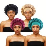 4PCS SET Satin Solid Color Sleeping Hat Soft Elastic Night Sleep Cap Hair Care Bonnet For Women Men Unisex