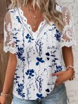 Plus Size Floral Print Lace Stitching Blouse Elegant V Neck Short Sleeve Blouse For Spring Women's Plus Sizeclothing