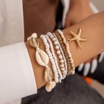 7PCS Bohemian Style Shell Beaded Bracelets Retro Beach Starfish & Bead Woven Bangles Vacation Fashion Jewelry Accessory