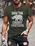 Men's Rhino Pattern And Letter Print "save The Chubby Unicorns" Crew Neck And Short Sleeve T-Shirt Casual Tops Suitable For Summ