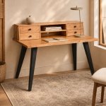 Acacia Wood Study Desk With Drawers And Black Steel Legs