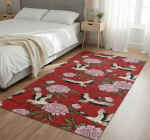 Bedroom Vinyl Rug With White Birds On Red Pattern