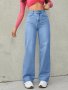 High Waisted Loose Comfortable Wide Leg Jeans Blue Light Wash Diagonal Pockets Medium Stretch Straight Jeans