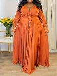 Plus Size Solid Color Tie Waist Dress Elegant Long Sleeve Surplice Neck Maxi Dress For Spring & Fall Women's Plus Size Clothing