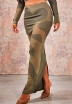 Abstract Mesh Panel Maxi Skirt - Khaki