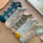 5 Pairs Vintage Court Style Short Socks Cute Japanese Style Flower Geometric 3D Textured Low Cut Ankle Socks Women's Stockings &