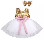 White Dress With Gold Sequins Dusty Pink Bow Headband And Crown Brooch