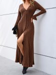 Elegant Buttons Slit Long Dress Casual Deep V Neck Long Sleeve Waist Long Dresses Women's Clothing