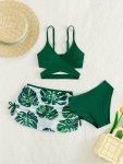 Plain Green Crisscross Bikini With Leaf Print Drawstring Mesh Cover Up Skirt 3 Piece Set Swimsuits Women's Swimwear & Clothing