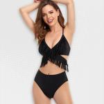 Women's Black Fringe Crossover Two-piece Bikini - XL