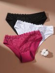 3PCS Contrast Lace Ribbed Briefs Comfy & Breathable Stretchy Intimates Panties Women's Lingerie & Underwear