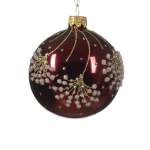 Glass Bauble With White Flowers 8CM - Oxblood