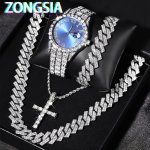 4PCS SET Men's Wrist Watch & Hip Hop Cuban Chain Necklace Bracelet Set