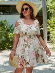 Plus Size Floral Print Lace Stitching Dress Vacation Cold Shoulder Short Sleeve Dress Women's Plus Size Clothing