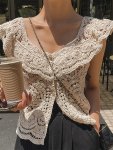 Solid Color Button Front Blouse Boho Short Sleeve Cut Out Cardigans Top For Spring & Summer Women's Clothing