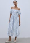Off-the-shoulder Poplin Dress - White & Blue Floral