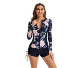 Women's Long Sleeve Blue And Pink Two Piece Boxer Swimsuit - XL