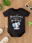 Unisex Baby's "grandma's Little Peanut" Elephant Print Triangle Bodysuit Casual Short Sleeve Romper Toddler & Infant Clothing
