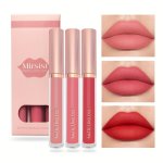 Matte Lip Gloss Set 3 Pcs Long-lasting & Non-stick Cup Lip Gloss Moisturizing Velvet Finish Lip Makeup Gift Set Assorted Shades
