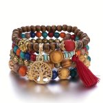 4PCS Bohemian Style Tree Of Life Charm Beaded Bracelet Set For Women Handmade Wood Beads Chain Bracelet Hand Jewelry