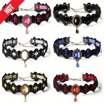 Black Lace Gothic Collar Vampire Collar Pendant Chain Rhinestone Punk Halloween Costume Jewelry
