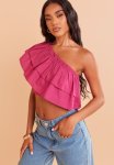Ruffle One Shoulder Crop - Hot Pink